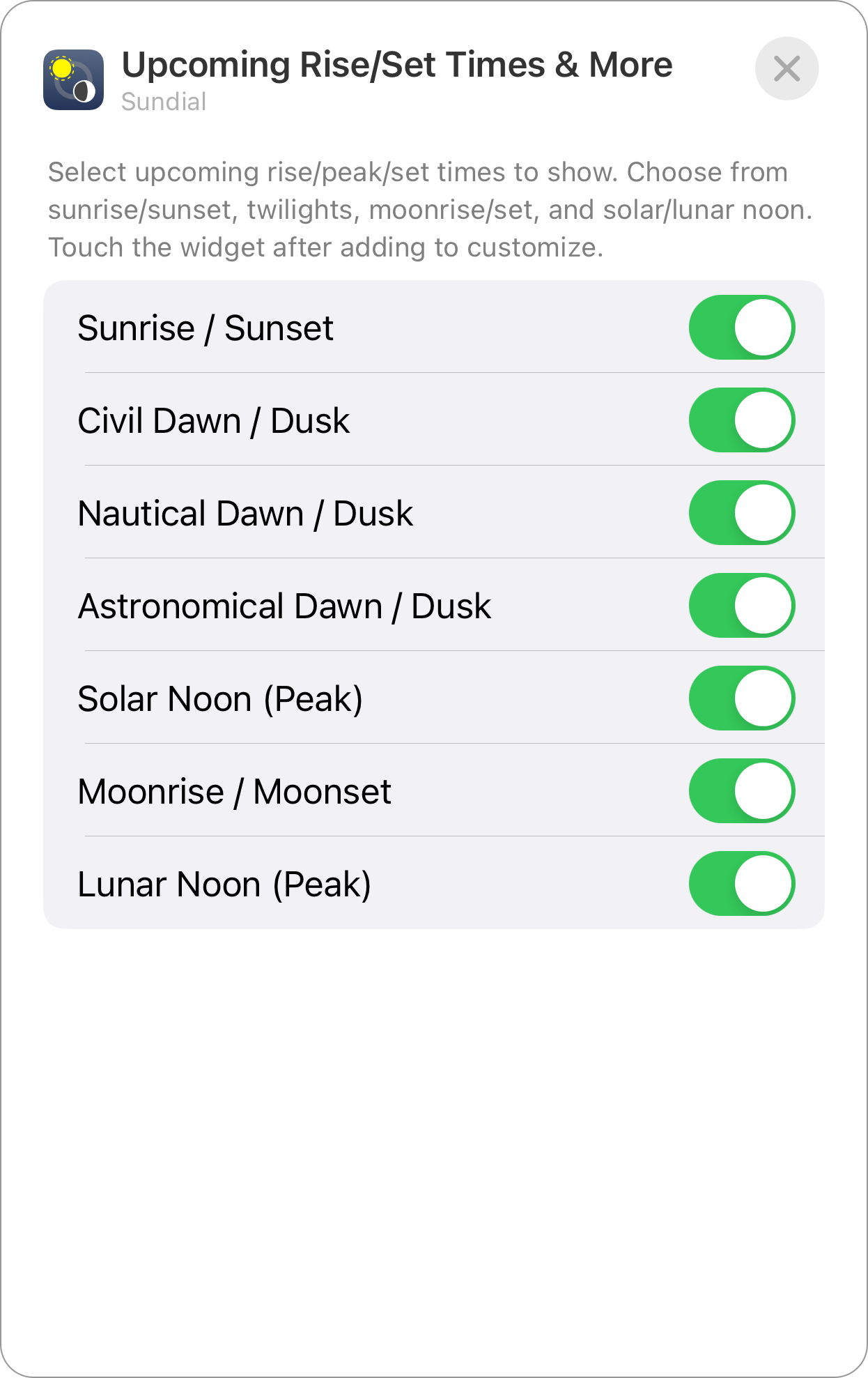 Sundial lock screen widget configuration screenshot