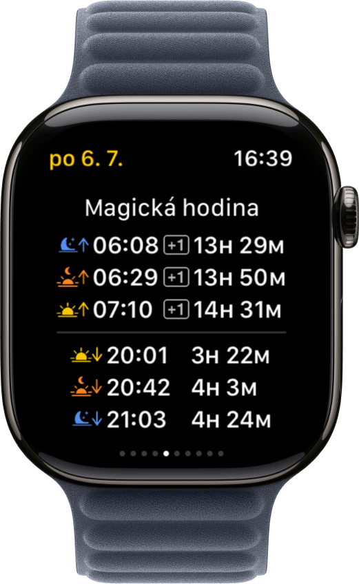 Obrazovka Magická hodinka v Sundial+ na Apple Watch