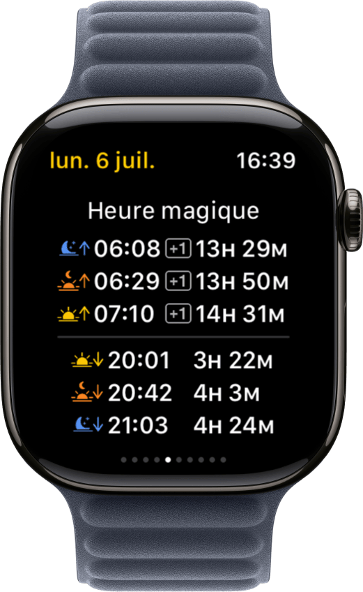 Écran Heure magique de Sundial+ sur Apple Watch