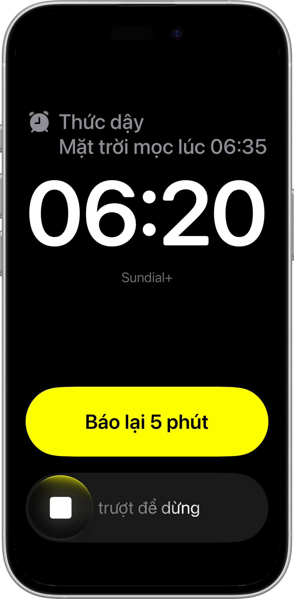 Báo thức đánh thức Sundial+ trên iPhone với nút báo lại và dừng