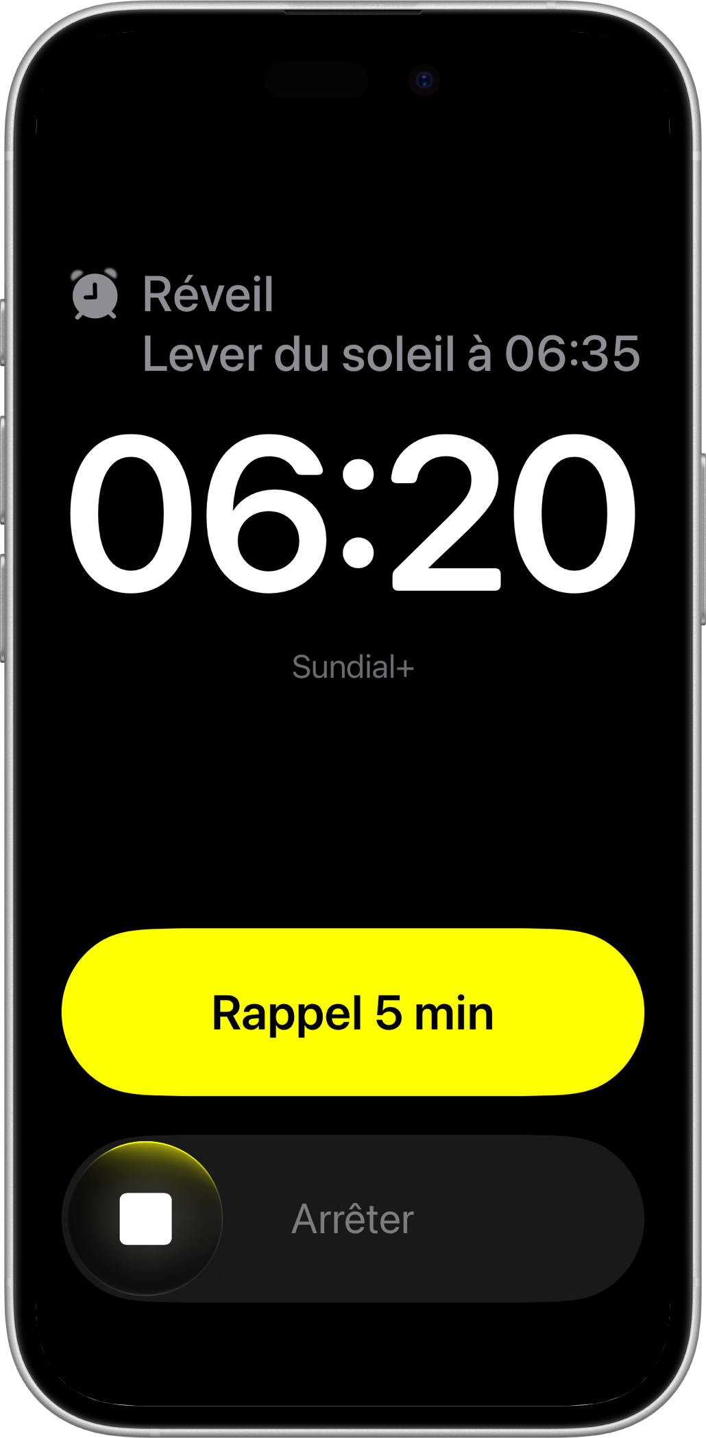 Alarme de réveil Sundial+ sur iPhone avec commandes de répétition et d’arrêt