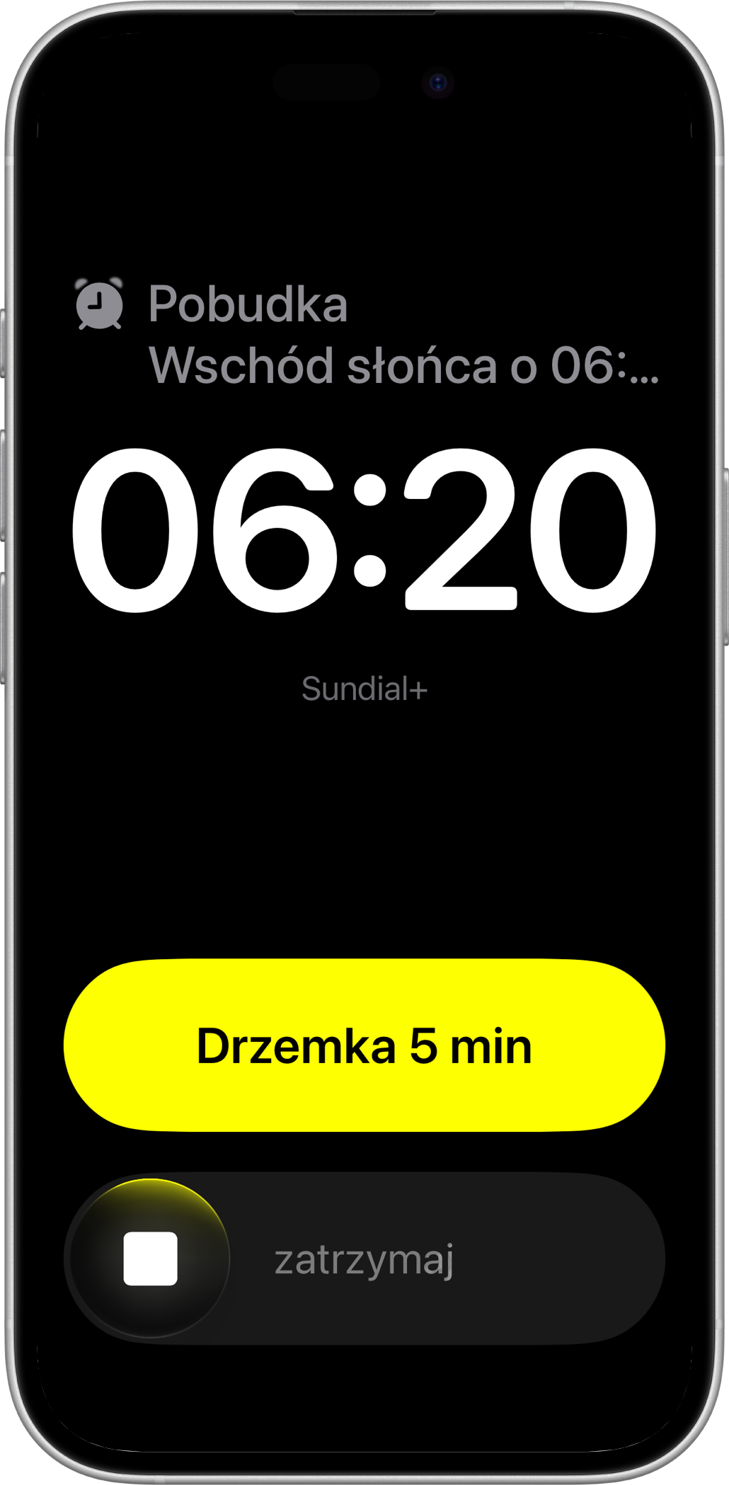 Alarm pobudki Sundial+ na iPhonie z opcjami drzemki i wyłączenia