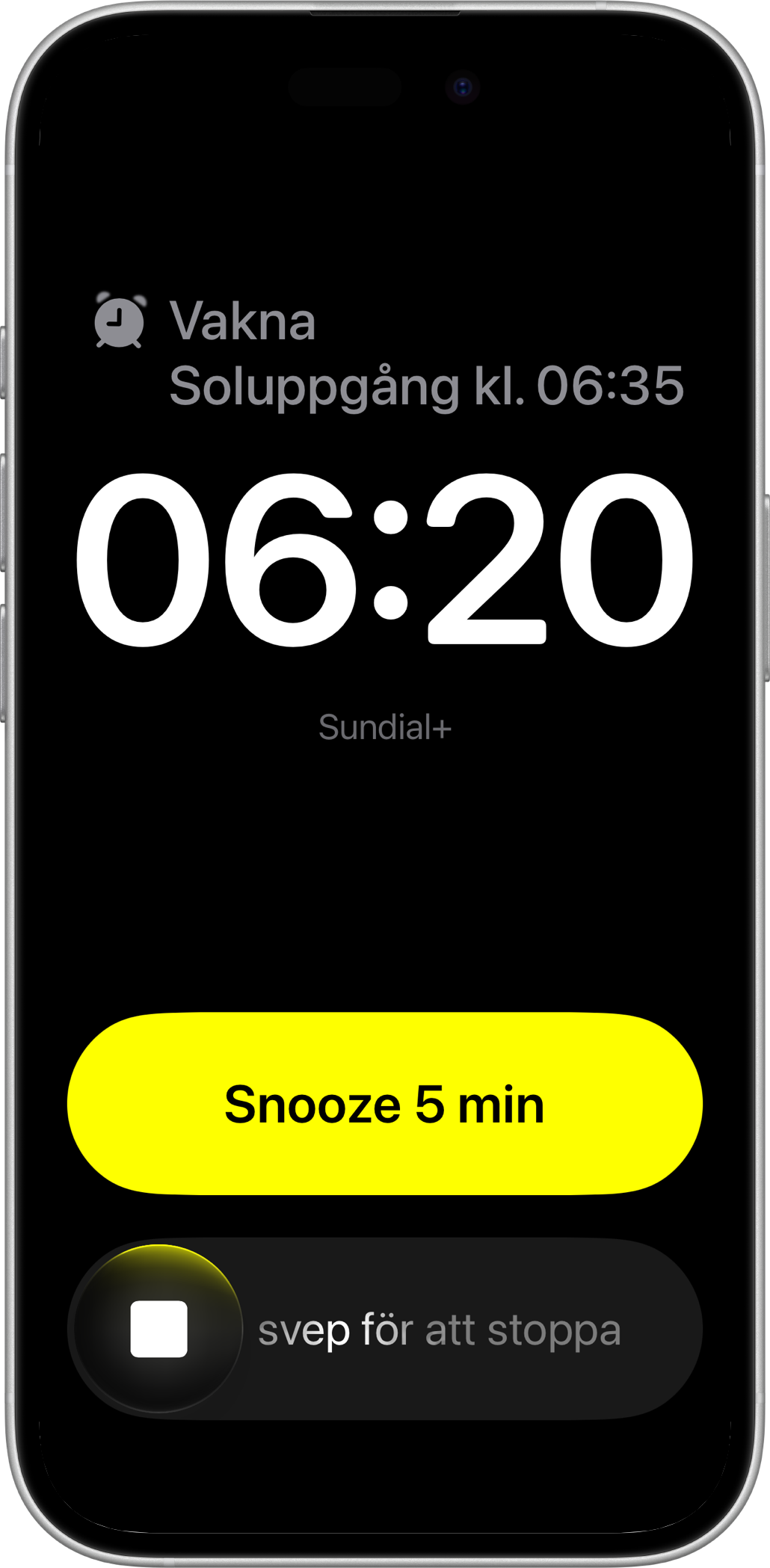 Sundial+-väckarklocka på iPhone med reglage för snooze och stopp
