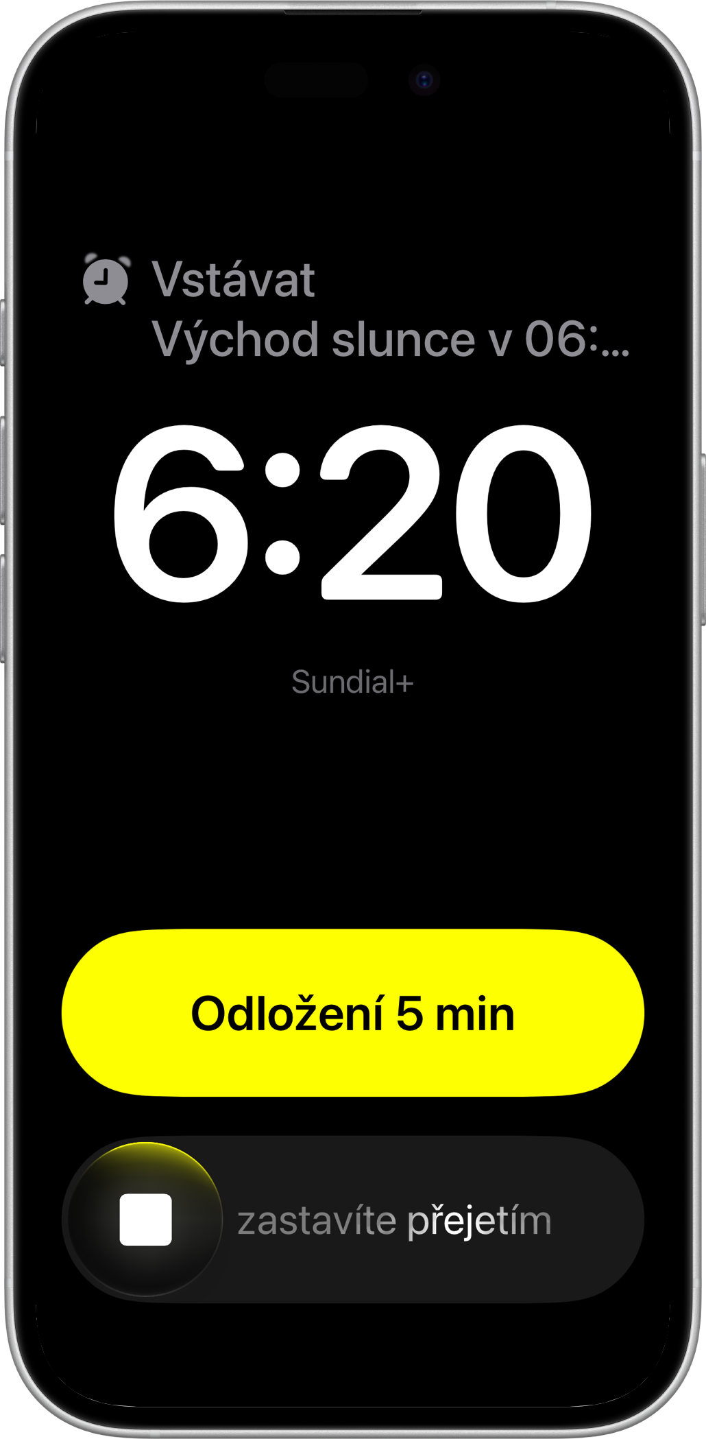 Budík Sundial+ na iPhonu s ovládáním odložení a zastavení