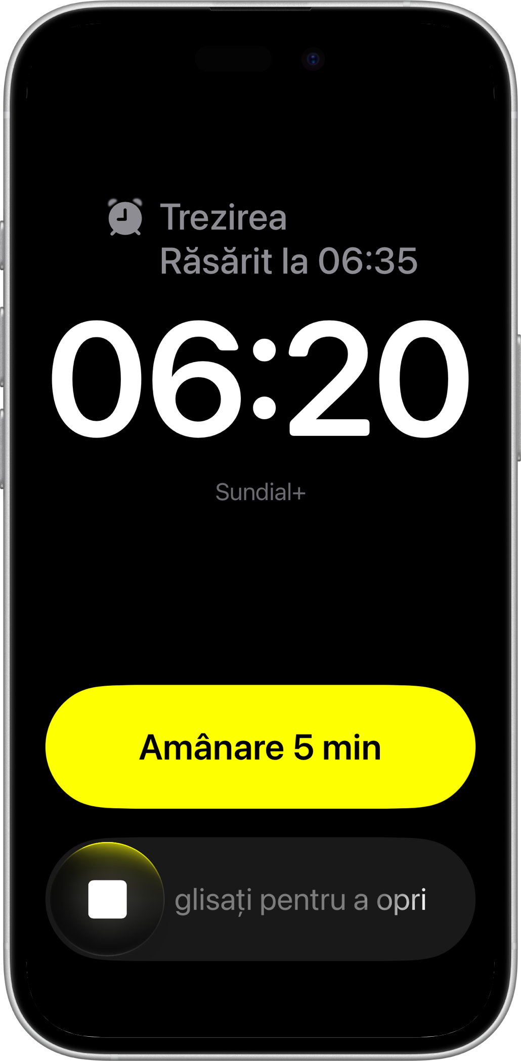 Alarmă de trezire Sundial+ pe iPhone, cu comenzi de amânare și oprire