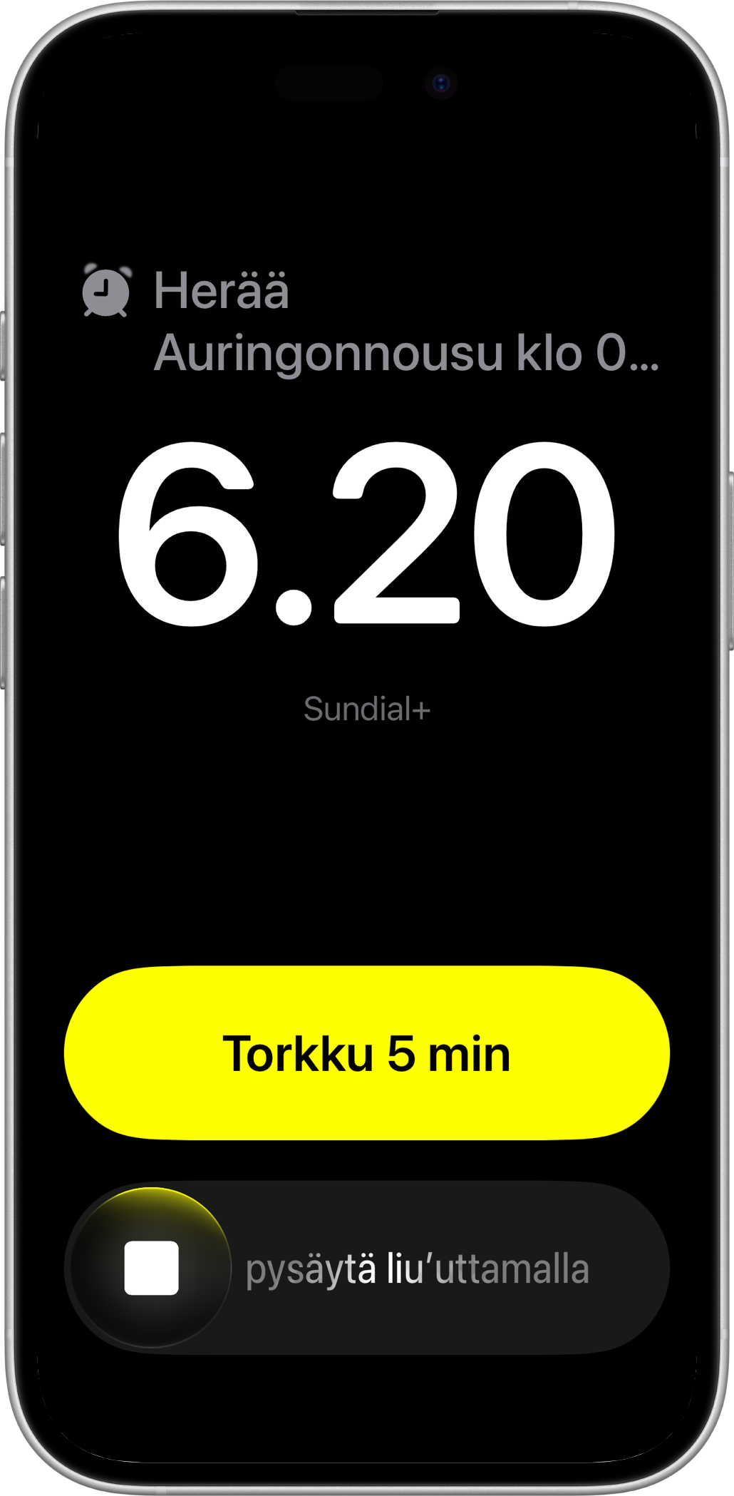 Sundial+-herätys iPhonessa torkku- ja lopetussäätimillä