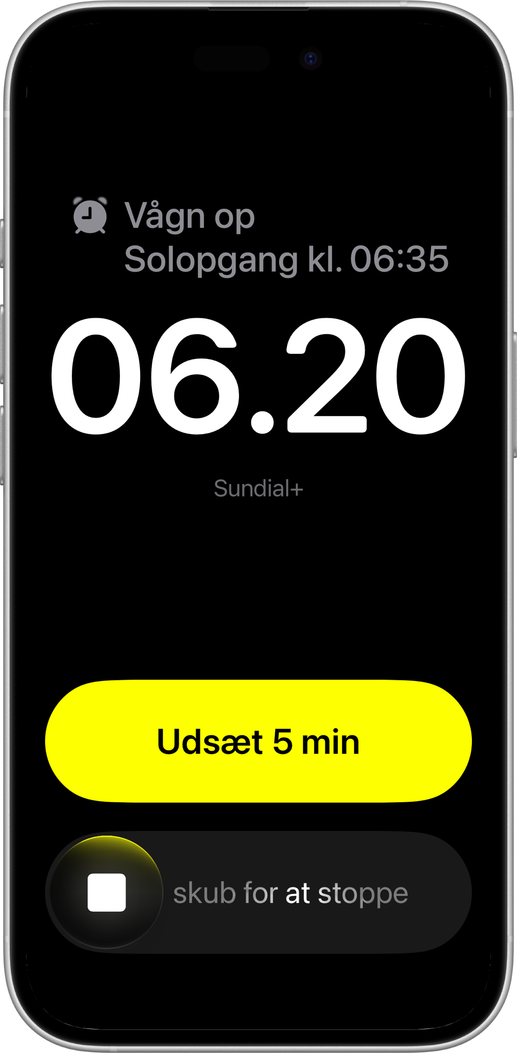 Sundial+-vækkealarm på iPhone med udsættelses- og stopknapper