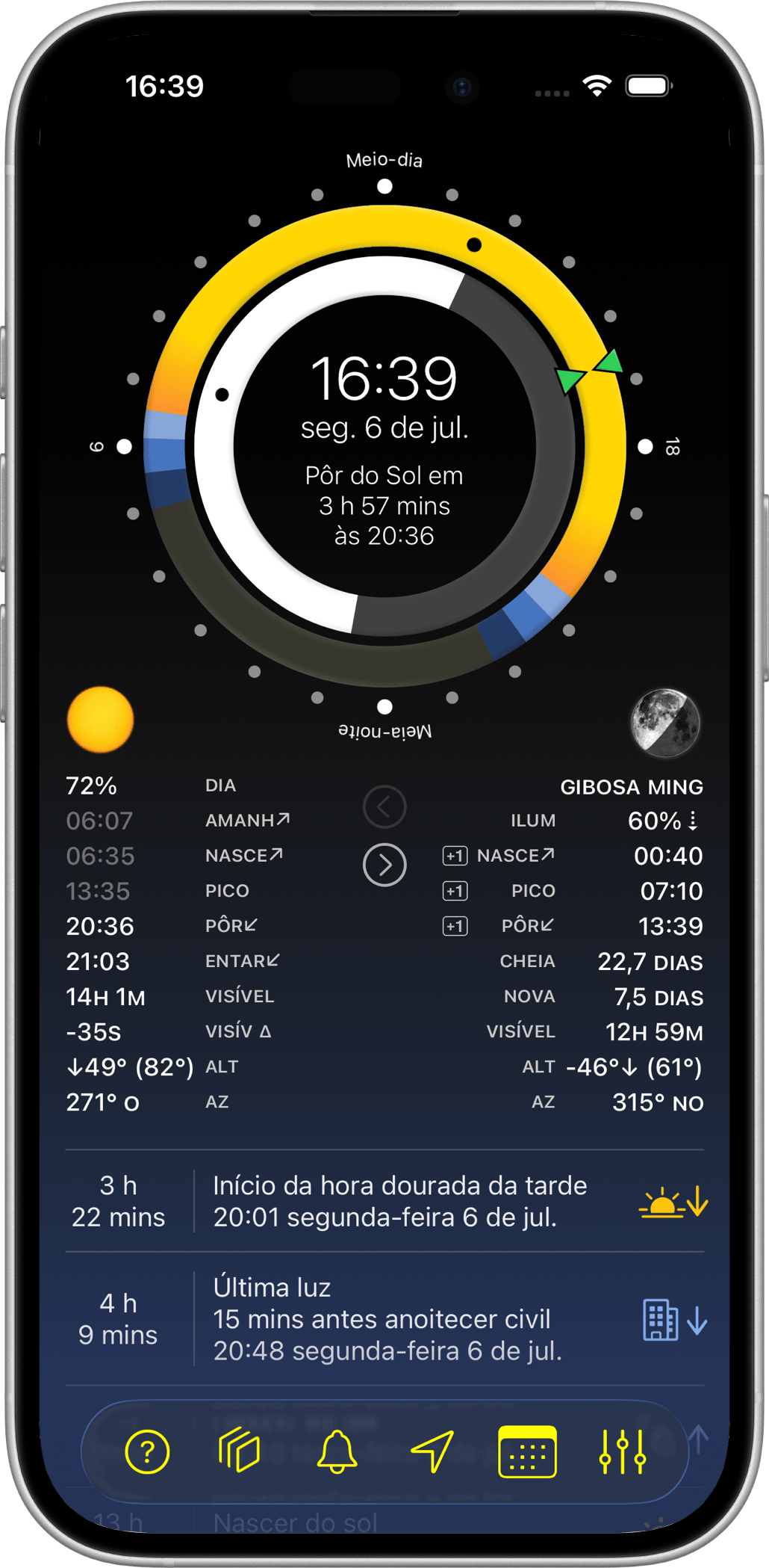 Ecrã principal do Sundial+ no iPhone