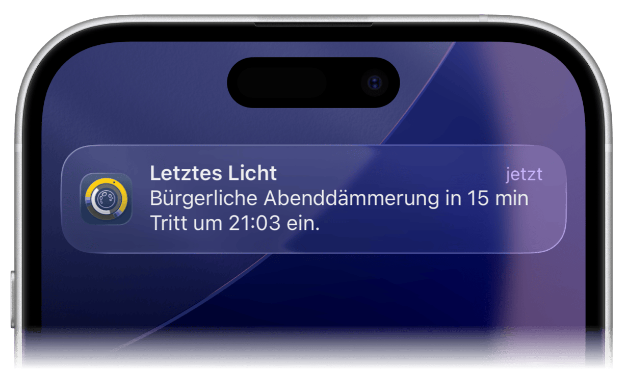 Sundial+-Benachrichtigung zur bürgerlichen Dämmerung auf dem iPhone