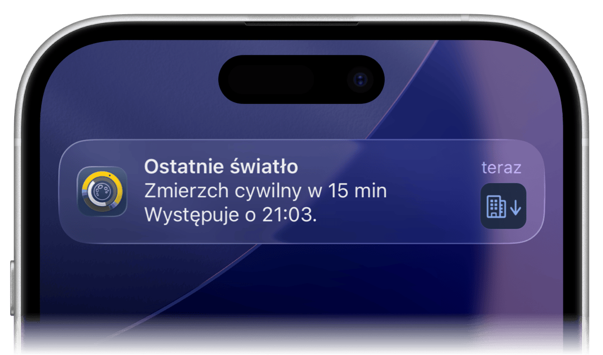 Powiadomienie Sundial+ o zmierzchu cywilnym na iPhonie