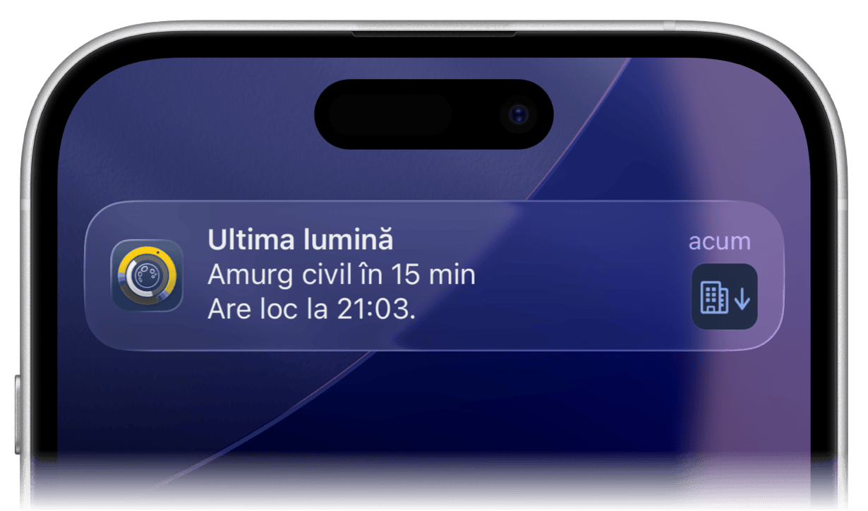 Notificare Sundial+ pentru crepusculul civil de seară pe iPhone