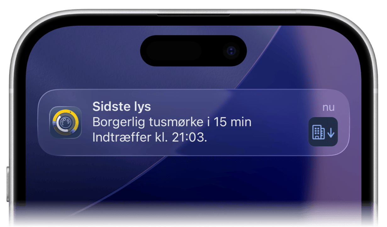 Sundial+-notifikation for borgerligt tusmørke om aftenen på iPhone