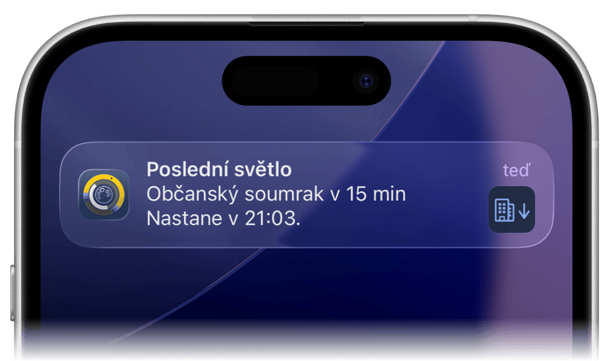 Oznámení Sundial+ o občanském soumraku na iPhonu